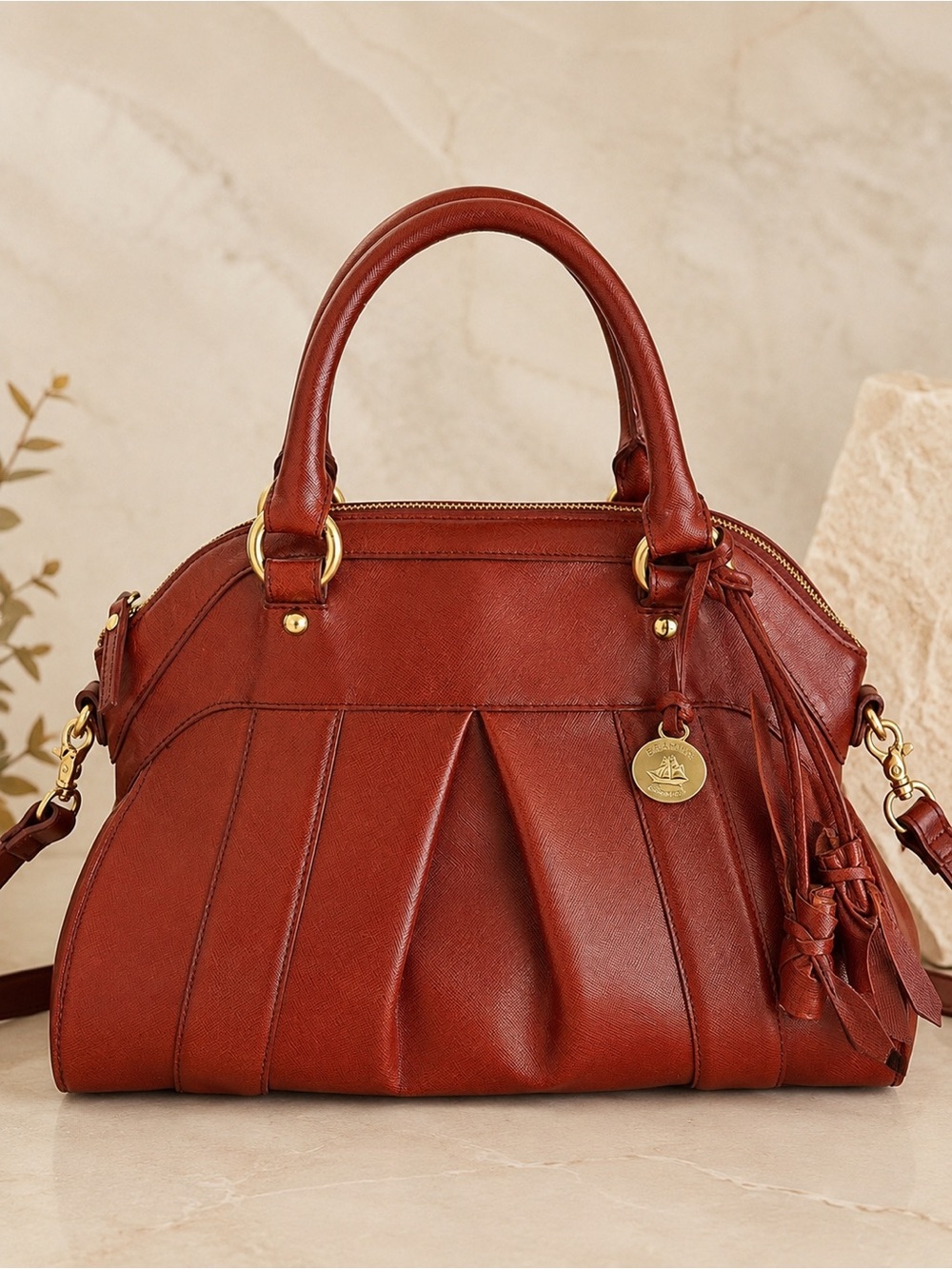 Brahmin Cognac Leather Satchel Top Handle Crossbody Shoulder Bag Tassel Purse